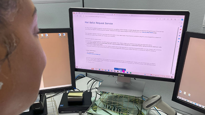 Person at computer filling out a mail ballot request.