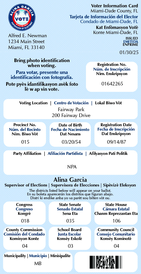 A sample Voter Information Card.